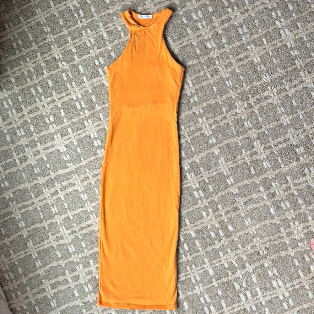 Zara Orange Smooth Bodycon Midi Dress
